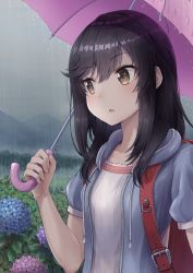 Rule 34 | 1girl, :o, backpack, bag, black hair, blouse, blue flower, blue hoodie, blush, brown eyes, bush, close-up, flower, forest, frilled shirt, frills, grass, grey sky, hair between eyes, hair over shoulder, highres, holding, holding umbrella, hood, hoodie, hydrangea, ichijou hotaru, komashiro n, long hair, looking to the side, mountain, nature, non non biyori, open clothes, open hoodie, open mouth, outdoors, pink flower, pink umbrella, purple flower, rain, randoseru, red bag, scenery, shirt, short sleeves, sky, solo, tree, umbrella, upper body, white shirt