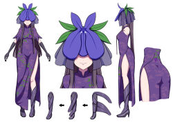 Rule 34 | 1girl, ass, black footwear, black gloves, black hair, boots, closed mouth, commentary, covered eyes, dress, flower, flower on head, gloves, highres, knee boots, long hair, multiple views, pepelonthi, purple dress, purple flower, short sleeves, simple background, smile, touhou, vine print, white background, yomotsu hisami