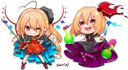 Rule 34 | 2girls, ahoge, alternate costume, artist name, ascot, bad id, bad twitter id, black dress, blonde hair, boots, cape, chibi, closed mouth, commentary request, dress, fang, fang out, flandre scarlet, flask, gotou (nekocat), hair between eyes, hair ribbon, highres, holding, holding weapon, looking at viewer, multiple girls, open mouth, pointy ears, purple footwear, rapier, red eyes, red footwear, red ribbon, red skirt, ribbon, round-bottom flask, rumia, sharp teeth, signature, simple background, skirt, smile, sword, teeth, touhou, uneven eyes, weapon, white background, wings