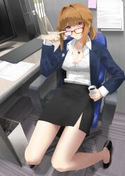 Rule 34 | 1girl, absurdres, asimo (hakurei10201), black bra, black footwear, black skirt, blue jacket, bra, bra visible through clothes, breasts, brown hair, cleavage, closed mouth, commission, commissioner upload, computer, cup, eyewear pull, from above, full body, girls&#039; frontline, glasses, griffin &amp; kryuger, grizzly mkv (girls&#039; frontline), hand up, highres, holding, holding cup, indoors, jacket, jewelry, keyboard (computer), lapel pin, large breasts, long sleeves, looking at viewer, looking over eyewear, medium hair, monitor, necklace, on chair, open clothes, open jacket, paper, partially unbuttoned, ponytail, purple eyes, red-framed eyewear, ring, shirt, sidelocks, sitting, skeb commission, skirt, solo, trash can, underwear, wedding ring, white shirt