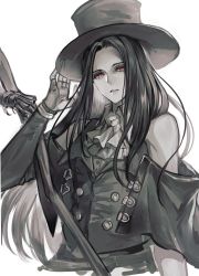 Rule 34 | 1boy, androgynous, ascot, black hair, black hat, buttons, eyelashes, fingerless gloves, gloves, grey background, guilty gear, guilty gear strive, hat, highres, long hair, monochrome, red eyes, senano-yu, simple background, sketch, solo focus, straight hair, testament (guilty gear), top hat, trap, white background