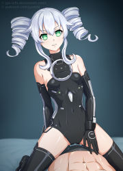 Rule 34 | 1boy, 1girl, arm behind back, assertive female, bare shoulders, black gloves, black leotard, black sister, black thighhighs, boots, breasts, covered navel, cowgirl position, drill hair, elbow gloves, girl on top, gloves, gluteal fold, green eyes, grin, hair between eyes, hetero, highres, indoors, jyu ichi, kneeling, leotard, looking at viewer, medium hair, neptune (series), paid reward available, pov, power symbol, power symbol-shaped pupils, silver hair, skin tight, small breasts, smile, solo focus, straddling, symbol-shaped pupils, thigh boots, thighhighs, thighs, twin drills, twintails