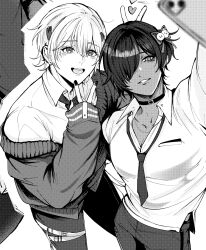 2boys dimjh double_v earrings excited genderswap genderswap_(ftm) goddess_of_victory:_nikke greyscale hair_ornament happy highres jewelry monochrome multiple_boys naga_(nikke) necktie pants shirt short_hair smile sweater taking_picture tia_(nikke) v white_shirt