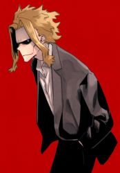 Rule 34 | 1boy, black jacket, black pants, black sclera, black suit, blonde hair, blue eyes, boku no hero academia, closed mouth, collared shirt, colored sclera, commentary, cowboy shot, formal, hands in pockets, highres, jacket, long sleeves, looking at viewer, male focus, open clothes, open jacket, pants, red background, shirt, shishanmo, short hair, simple background, solo, standing, suit, suit jacket, white shirt, yagi toshinori