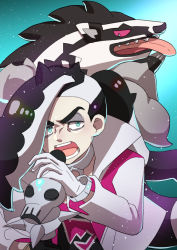 Rule 34 | 1boy, black hair, commentary request, creatures (company), eyeshadow, game freak, gen 8 pokemon, gloves, green eyes, grey eyeshadow, he72oh, highres, holding, holding microphone, jacket, long hair, makeup, male focus, microphone, multicolored hair, music, nintendo, obstagoon, open mouth, piers (pokemon), pokemon, pokemon (creature), pokemon swsh, shirt, singing, teeth, tongue, two-tone hair, white hair, white jacket