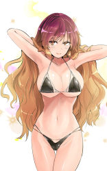 Rule 34 | 1girl, armpits, arms up, bare arms, bare shoulders, bikini, black bikini, breasts, brown eyes, brown hair, commentary request, cowboy shot, gradient hair, groin, halterneck, hands in hair, highres, hijiri byakuren, large breasts, long hair, looking at viewer, multicolored hair, navel, one-hour drawing challenge, purple hair, smile, solo, standing, stomach, swimsuit, thighs, touhou, very long hair, white background, y2