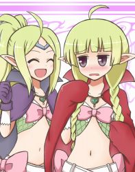 Rule 34 | 2girls, ahoge, black eyes, blunt bangs, blush, bow, braid, cape, collarbone, commentary request, embarrassed, fire emblem, fire emblem awakening, gloves, green hair, hair ornament, looking at another, midriff, mother and daughter, multiple girls, nah (fire emblem), navel, nintendo, nowi (fire emblem), open mouth, parted bangs, pink bow, pointy ears, reverse (bluefencer), sidelocks, smile, twin braids