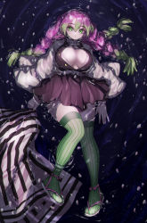 Rule 34 | 1girl, absurdres, black coat, black skirt, braid, breasts, cherry blossoms, cleavage, closed mouth, coat, expressionless, full body, green eyes, green hair, green thighhighs, hair between eyes, haori, highres, japanese clothes, kanroji mitsuri, kimetsu no yaiba, large breasts, long hair, looking at viewer, lying, lying on water, miniskirt, mole, mole under eye, multicolored hair, nemuaki, on back, partially unbuttoned, petals, pink hair, pleated skirt, ribbed legwear, ripples, sandals, skirt, solo, striped, thighhighs, thighs, tri braids, two-tone hair, uniform, water, zettai ryouiki
