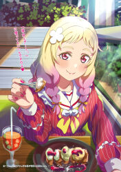 Rule 34 | 1girl, al aoi aoba, blonde hair, blush, bow, bowtie, braid, closed mouth, drinking straw, flower, fork, gradient hair, hair flower, hair ornament, hair ribbon, holding, holding fork, indoors, long hair, looking at viewer, love live!, love live! superstar!!, multicolored hair, nail polish, onitsuka natsumi, pink hair, red eyes, red nails, red shirt, ribbon, sailor collar, shirt, sitting, smile, solo, striped clothes, striped shirt, sunlight, twin braids, upper body, white flower, white sailor collar, yellow bow, yellow bowtie, yellow ribbon