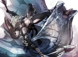 Rule 34 | 1girl, airborne, armpits, artist name, bare shoulders, breasts, brown hair, cleavage, closed mouth, dragon, elsass, eyepatch, gauntlets, hip vent, holding, holding weapon, insect glaive, legiana, long hair, looking at another, monster hunter (series), monster hunter: world, navel, nergigante (armor), open mouth, pants, polearm, sharp teeth, sketch, spikes, sports bra, stomach, teeth, tongue, upside-down, weapon