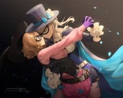 Rule 34 | 2girls, black gloves, black headwear, black vest, blue bow, bow, brown hair, commentary, commission, crossover, domino mask, dragalia lost, english commentary, eye contact, gloves, green eyes, hat, hat bow, unworn hat, unworn headwear, hentaki, holding hands, interlocked fingers, lapis (dragalia lost), long hair, long sleeves, looking at another, mask, multiple girls, okumura haru, parted lips, persona, persona 5, pink shirt, pink shorts, profile, puffy shorts, shirt, short shorts, shorts, smile, top hat, vest, white bow, white hair