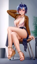Rule 34 | 1girl, absurdres, blue eyes, blush, breasts, commission, feet, high heels, highres, kairunoburogu, large breasts, legs, looking at viewer, nail polish, no bra, office lady, open clothes, open shirt, original, sandals, short hair, sitting, smile, solo, toenail polish, toenails, toes, wedge heels