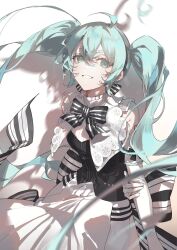 absurdres aqua_eyes aqua_hair bare_shoulders black_bow black_bowtie black_dress blurry bow bowtie cowboy depth_of_field detached_sleeves dress gloves hatsune_miku highres kingcraft_kingu long_hair miku_symphony_(vocaloid) number_tattoo shadow shoulder_tattoo smile striped_bow striped_bowtie striped_clothes tattoo twintails two-tone_dress vocaloid western white_background white_dress white_gloves