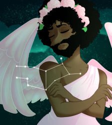 Rule 34 | 1boy, ancient greek clothes, angel, angel wings, astrology, beard, black hair, closed eyes, constellation, criaha, crossed arms, curly hair, dark-skinned male, dark skin, facial hair, feathered wings, flower, greco-roman clothes, green background, hair flower, hair ornament, head tilt, head wreath, long nose, looking to the side, night, night sky, pink flower, pink rose, pointy nose, poptropica, portrait, ringmaster raven, robe, rose, sad, sky, solo, star (sky), toga, wings
