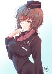Rule 34 | 1girl, blue background, breasts, brown eyes, brown hair, brown hat, brown jacket, collared shirt, commentary request, garrison cap, girls und panzer, gradient background, hair between eyes, hand up, hat, highres, jacket, long sleeves, medium breasts, mini hat, nishizumi maho, red shirt, sheepd, shirt, signature, solo, white background