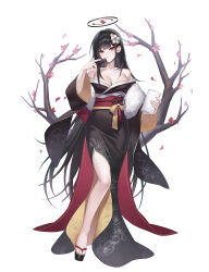 Rule 34 | 1girl, absurdres, black hair, black kimono, blue archive, blush, breasts, cleavage, collarbone, flower, full body, hair ornament, halo, highres, holding, japanese clothes, kimono, large breasts, long hair, long sleeves, looking at viewer, obi, parted lips, petals, pink flower, raki kr, red eyes, rio (blue archive), sash, simple background, solo, white background, wide sleeves