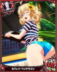 Rule 34 | 1girl, ass, bikini, bishop (chess), blonde hair, blue bikini, blue eyes, breasts, card (medium), character name, chess piece, high school dxd, high school dxd hero, le fay pendragon, looking at viewer, medium breasts, official art, one eye closed, open mouth, smile, solo, source request, swimsuit, thighhighs, trading card