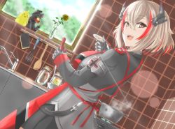 Rule 34 | 1girl, apron, armband, azur lane, black jacket, blonde hair, blue sky, blush, breasts, brown eyes, chushou wang, cooking, cross, cup, cupboard, day, dutch angle, fire, flower, from behind, hair between eyes, headgear, holding, holding cup, holding ladle, iron cross, jacket, jar, ladle, large breasts, long sleeves, looking at viewer, looking back, multicolored hair, open mouth, oven, pleated skirt, pot, red hair, roon (azur lane), rose, short hair, sink, skirt, sky, smile, solo, spatula, sponge, stove, streaked hair, sunlight, vase, whisk, yellow flower, yellow rose