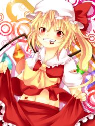 Rule 34 | 1girl, blonde hair, blush, clothes lift, flandre scarlet, hat, heart, huleito, looking at viewer, midriff, mob cap, mouth hold, navel, red eyes, side ponytail, skirt, skirt lift, smile, solo, torn clothes, touhou, white hat