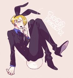 Rule 34 | 1boy, 2023, animal ears, artist name, beard stubble, black suit, blonde hair, blue shirt, blush, buttons, cigarette, collared shirt, commentary, curly eyebrows, dated, facial hair, floating, formal, full body, hair over one eye, high heels, holding, holding cigarette, long bangs, looking down, male focus, mitsubachi koucha, necktie, one piece, open mouth, pants, rabbit boy, rabbit ears, rabbit tail, sanji (one piece), shirt, short hair, simple background, stubble, suit, tail