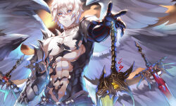Rule 34 | 1boy, abs, absurdres, angel wings, armor, belt, bishounen, black armor, black gloves, blue eyes, caesar salad, closed mouth, cowboy shot, expressionless, gloves, granblue fantasy, highres, looking at viewer, lucilius (granblue fantasy), male focus, messy hair, muscular, muscular male, orange background, scar, scar on neck, signature, solo, standing, sword, weapon, white hair, wings