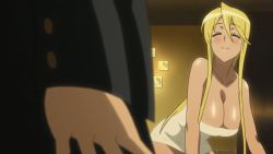 Rule 34 | 1boy, 1girl, animated, animated gif, blonde hair, blush, bouncing breasts, breasts, cleavage, crawling, drunk, closed eyes, hanging breasts, highschool of the dead, hirano kouta (hsotd), huge breasts, marikawa shizuka, naked towel, nude, smile, talking, towel