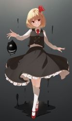 Rule 34 | 1girl, arm up, beads, black skirt, black vest, blonde hair, breasts, bright pupils, center frills, collared shirt, frills, full body, gradient background, grey background, grin, hair ribbon, highres, kanpa (campagne 9), kneehighs, looking at viewer, necktie, petticoat, red eyes, red necktie, red ribbon, ribbon, rumia, shirt, short hair, simple background, skirt, small breasts, smile, socks, solo, standing, touhou, vest, white shirt, white socks, wing collar