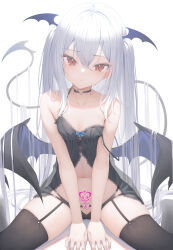 Rule 34 | 1girl, absurdres, babydoll, bare arms, bare shoulders, between legs, black babydoll, black choker, black panties, black thighhighs, breasts, choker, closed mouth, collarbone, demon girl, demon tail, demon wings, frown, garter straps, hand between legs, head tilt, head wings, heart, highres, lace-trimmed babydoll, lace trim, long hair, looking at viewer, multi-strapped panties, navel, original, panties, pubic tattoo, red eyes, shinigami (tukiyomiikuto), simple background, sitting, skindentation, small breasts, solo, spaghetti strap, spread legs, stomach, strap slip, string panties, tail, tail raised, tattoo, thighhighs, thighs, two side up, underwear, very long hair, wariza, white background, white hair, wings