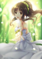 Rule 34 | 10s, 1girl, :d, blush, brown eyes, brown hair, dress, flower, hair flower, hair ornament, idolmaster, idolmaster cinderella girls, idolmaster cinderella girls starlight stage, long hair, looking at viewer, looking back, ment, open mouth, outstretched arm, outstretched hand, ponytail, smile, solo, takamori aiko