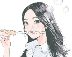 Rule 34 | 1girl, animification, black eyes, black hair, blowing bubbles, bubble, bubble gum (newjeans), collared shirt, holding, hyein (newjeans), k-pop, long hair, looking at viewer, newjeans, polo tokki, portrait, real life, shirt, solo, white background, white shirt