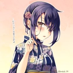 Rule 34 | 1girl, alternate costume, bad id, bad pixiv id, blush, breasts, commentary request, eyepatch, floral print, flower, gradient background, hair flower, hair ornament, hair over one eye, hand up, japanese clothes, kantai collection, kimono, kotobuki (momoko factory), long sleeves, looking at viewer, one eye covered, parted lips, purple kimono, sash, short hair, small breasts, solo, sweat, tenryuu (kancolle), tsurime, twitter username, upper body, yellow background