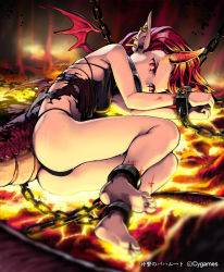 Rule 34 | 10s, 1girl, bad id, bad pixiv id, barefoot, blood, blurry, burnt clothes, chain, chained, cuffs, cygames, depth of field, dragon girl, dragon horns, dragon tail, dragon wings, earrings, feet, horns, jewelry, len (a-7), lying, lava, monster girl, on side, pointy ears, red eyes, red hair, shackles, shingeki no bahamut, soles, solo, tail, toes, twin prisoner flame, watermark, wings