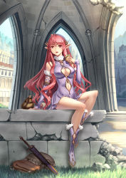 Rule 34 | 1girl, breasts, cleavage, cleavage cutout, clothing cutout, detached sleeves, dress, elf, highres, horns, long hair, navel, navel cutout, open mouth, original, pointy ears, red eyes, red hair, resolution mismatch, solo, source larger, sword, very long hair, weapon, youbou