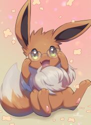 Rule 34 | :3, :d, absurdres, adjusting eyewear, artist name, bespectacled, commentary request, creatures (company), eevee, fang, flower, fluffy, full body, game freak, gen 1 pokemon, glasses, gradient background, green eyes, grey-framed eyewear, hands up, highres, looking at viewer, nintendo, no humans, nullma, open mouth, pokemon, pokemon (creature), signature, simple background, sitting, smile, solo
