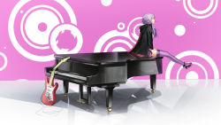Rule 34 | 1girl, black jacket, broken guitar, commentary request, guitar, instrument, jacket, long hair, looking afar, piano, purple hair, purple thighhighs, reflection, reflective floor, shoes, sitting on piano, solo, sugi 214, thighhighs, vocaloid, yuzuki yukari
