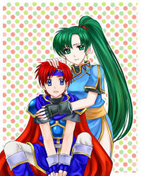 Rule 34 | 1boy, 1girl, 74, age difference, armor, blue armor, blue eyes, blush, boots, cape, clenched teeth, earrings, fingerless gloves, fire emblem, fire emblem: the binding blade, fire emblem: the blazing blade, gloves, green eyes, green hair, hand on another&#039;s head, happy, headband, high ponytail, hug, jewelry, long hair, lyn (fire emblem), nintendo, open mouth, ponytail, red hair, roy (fire emblem), short hair, side slit, single glove, smile, teeth, very long hair
