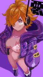 Rule 34 | 1girl, absurdres, bodysuit, breasts, feet out of frame, foreshortening, gloves, hair over one eye, hand on own hip, highres, jacket, kuremon, large breasts, looking at viewer, one piece, orange hair, pink bodysuit, pink eyes, purple background, purple jacket, shiny clothes, smile, vegapunk lilith, wide hips