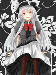 Rule 34 | 1girl, alternate color, alternate costume, alternate hair color, amato (mugen), arm support, aru gunsou, bad id, bad pixiv id, boots, bow, dress, food, fruit, grey hair, hat, hinanawi tenshi, long hair, looking at viewer, m.u.g.e.n, pantyhose, peach, red eyes, sidelocks, simple background, sitting, smile, solo, touhou, very long hair