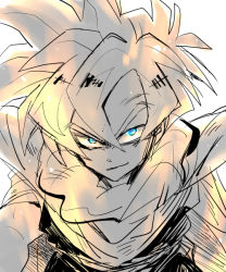 Rule 34 | 1boy, bad id, bad pixiv id, blue eyes, blue theme, dragon ball, dragonball z, from above, gyuunyuu daisuki, looking at viewer, looking up, male focus, monochrome, short hair, simple background, smile, solo, son gohan, spiked hair, super saiyan, super saiyan 1, upper body, white background