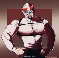 Rule 34 | 1boy, bara, bursting pectorals, character request, chest belt, cowboy shot, glowing, glowing eyes, hands on own hips, highres, humanization, large pectorals, leimengrem, looking at viewer, male focus, muscular, muscular male, pectorals, solo, transformers, underbust