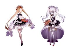 Rule 34 | 2girls, abigail williams (fate), abigail williams (festival outfit) (fate), abigail williams (festival outfit) (fate) (cosplay), albino, bags under eyes, black footwear, blonde hair, bloomers, blush, bow, closed eyes, collared dress, colored skin, constricted pupils, cosplay, dress, fate/grand order, fate (series), full body, highres, horns, keyhole, lavinia whateley (fate), long hair, looking at another, multiple girls, official alternate costume, open mouth, orange bow, ota (ota-0000), parted bangs, purple eyes, red footwear, simple background, single horn, sleeves past fingers, sleeves past wrists, smile, stuffed animal, stuffed toy, teddy bear, twintails, two-tone dress, underwear, very long hair, wavy mouth, white background, white bloomers, white hair, white skin, wide-eyed