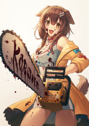 Rule 34 | 1girl, absurdres, animal ears, bare legs, blood, blood on clothes, blood on face, blood splatter, bloody weapon, blush, bone hair ornament, braid, breasts, brown hair, chainsaw, character name, choker, commentary, cowboy shot, dog ears, dog girl, dog tail, dress, foreshortening, glint, grey background, hair between eyes, hair ornament, highres, holding, holding chainsaw, hololive, inugami korone, inugami korone (1st costume), jacket, looking at viewer, mazel (mazel star), medium breasts, medium hair, off shoulder, open clothes, open jacket, open mouth, orange eyes, red choker, short dress, side braids, simple background, sleeveless, sleeveless dress, smile, solo, tail, thighs, twin braids, virtual youtuber, weapon, white dress, yellow jacket
