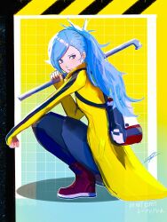 Rule 34 | 1girl, ai the somnium files, backpack, bag, blue eyes, blue hair, closed mouth, commentary, full body, high collar, highres, holding, holding weapon, long hair, long sleeves, okiura mizuki, ponytail, rae ariadne, sideways glance, signature, solo, squatting, water pipe, watermark, weapon