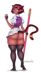 Rule 34 | 1girl, absurdres, ass, blush, dark-skinned female, dark skin, fingerless gloves, from behind, gloves, grin, highres, horns, huge ass, looking at viewer, looking back, makinakid, miniskirt, original, purple eyes, red hair, shiny skin, short hair, skirt, smile, solo, staff, tail, tail ornament, tail ring, thick thighs, thighhighs, thighs, thong