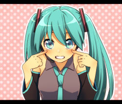 Rule 34 | 1girl, aqua eyes, aqua hair, bad id, bad pixiv id, detached sleeves, finger to face, grin, hatsune miku, headset, letterboxed, long hair, looking at viewer, necktie, polka dot, polka dot background, smile, solo, twintails, vocaloid, yumesaki nana