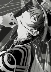 Rule 34 | 1boy, absurdres, commentary request, ensemble stars!, gears, gloves, greyscale, hand up, headset, highres, kagehira mika, looking at viewer, machina (ensemble stars!), male focus, monochrome, ninomiya (t 238 t), official alternate costume, parted lips, short hair, sideways glance, solo, upper body