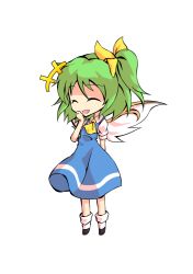 Rule 34 | 1girl, ascot, black footwear, blue dress, bow, chibi, closed eyes, collar, collared shirt, dairi, daiyousei, dress, fairy wings, full body, green hair, hair between eyes, hair bow, hand on own face, hand up, open mouth, ponytail, puffy short sleeves, puffy sleeves, shaded face, shirt, shoes, short hair, short ponytail, short sleeves, simple background, smile, socks, solo, standing, tachi-e, touhou, transparent background, white background, white shirt, white sleeves, white socks, wings, yellow ascot, yellow bow