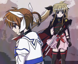 Rule 34 | 00s, 2girls, bardiche (device form) (nanoha), bardiche (nanoha), belt, blonde hair, blue eyes, bow, bowtie, brown hair, buckle, cape, dress, expressionless, fate testarossa, fate testarossa (original form), from side, hachi (hachikai), long sleeves, looking at viewer, lyrical nanoha, magical girl, mahou shoujo lyrical nanoha, multiple girls, profile, red bow, red bowtie, red eyes, sidelocks, skin tight, takamachi nanoha, thighhighs, twintails, uniform, white dress