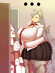 Rule 34 | 1girl, animal ears, breast hold, breasts, brown eyes, cleavage, fat, fox ears, fox tail, highres, huge breasts, lockwoodmakuroc, niah lockwood, pantyhose, school uniform, silver hair, skirt, solo, standing, tail, thick thighs, thighs, trinity-fate62, whiskers, wide hips