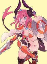 Rule 34 | 1girl, armor, armored boots, beige background, bikini armor, black thighhighs, blade (galaxist), blue eyes, blush, boots, breasts, cape, choker, curled horns, dragon girl, dragon horns, dragon tail, elizabeth bathory (brave) (fate), elizabeth bathory (fate), fang, fate/grand order, fate (series), hair ribbon, holding, holding sword, holding weapon, horns, knee boots, long hair, looking away, navel, on one knee, open mouth, oversized clothes, pauldrons, pink hair, pointy ears, purple ribbon, red choker, red footwear, ribbon, shield, shoulder armor, simple background, small breasts, solo, spiked boots, sword, tail, thighhighs, thighhighs under boots, tiara, two side up, v-shaped eyebrows, vambraces, very long hair, weapon, white cape